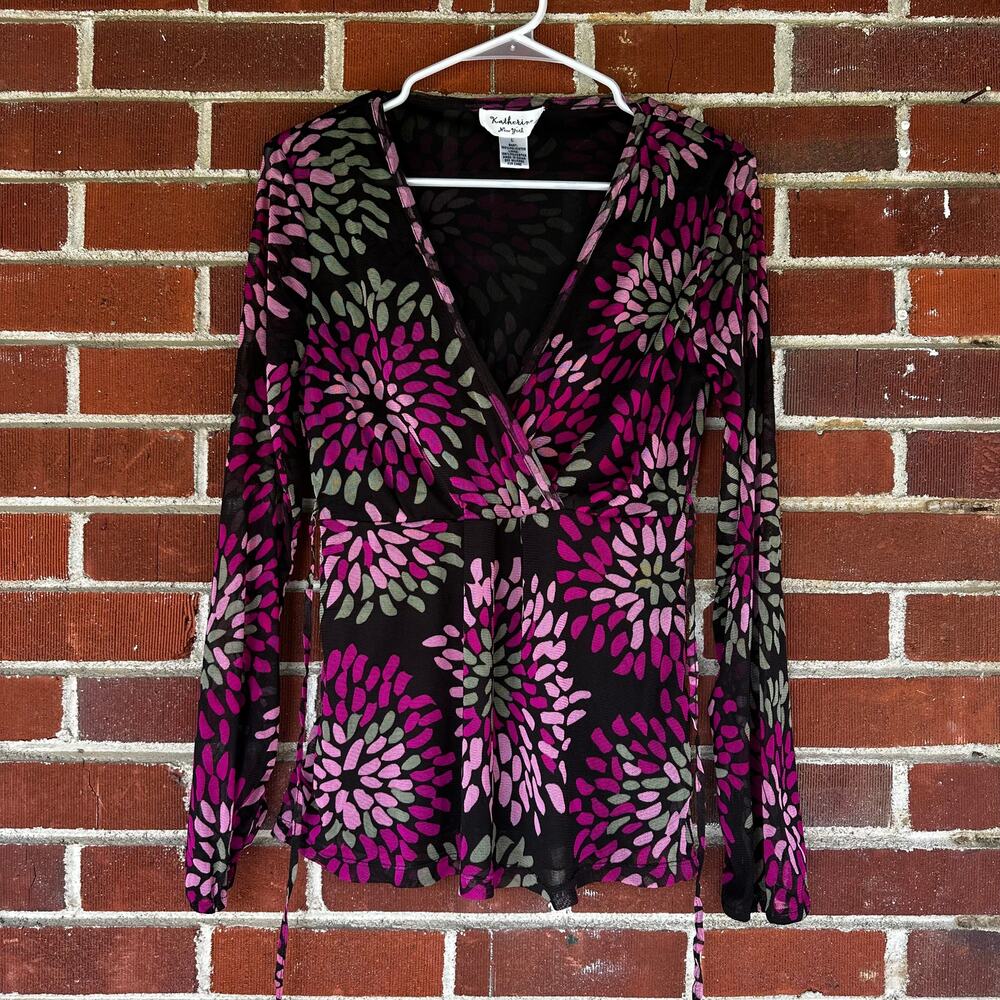 Katherine New York Sheer Wrap Blouse Y2K Mesh Floral Tie Top Size L